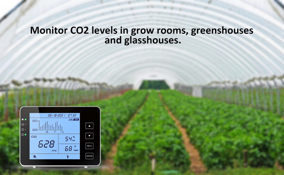 Monitor CO2 levels in grow rooms, greenshouses and glasshouses.