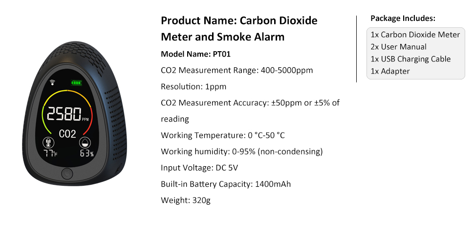 GZAIR PT01-B Smart Wi-Fi CO2 Meter Data Logger Carbon Dioxide Monitor CO2 Sensor with Auto-calibration Function - GZAIR
