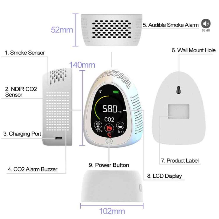 GZAIR PT01 Smart Wi-Fi CO2 Meter with Smoke Alarm, Data Logger, Tabletop & Wall Mountable Carbon Dioxide Monitor, Temperature and Humidity, with Visual, Audible Alerts, Rechargeable Battery Included - Image 6