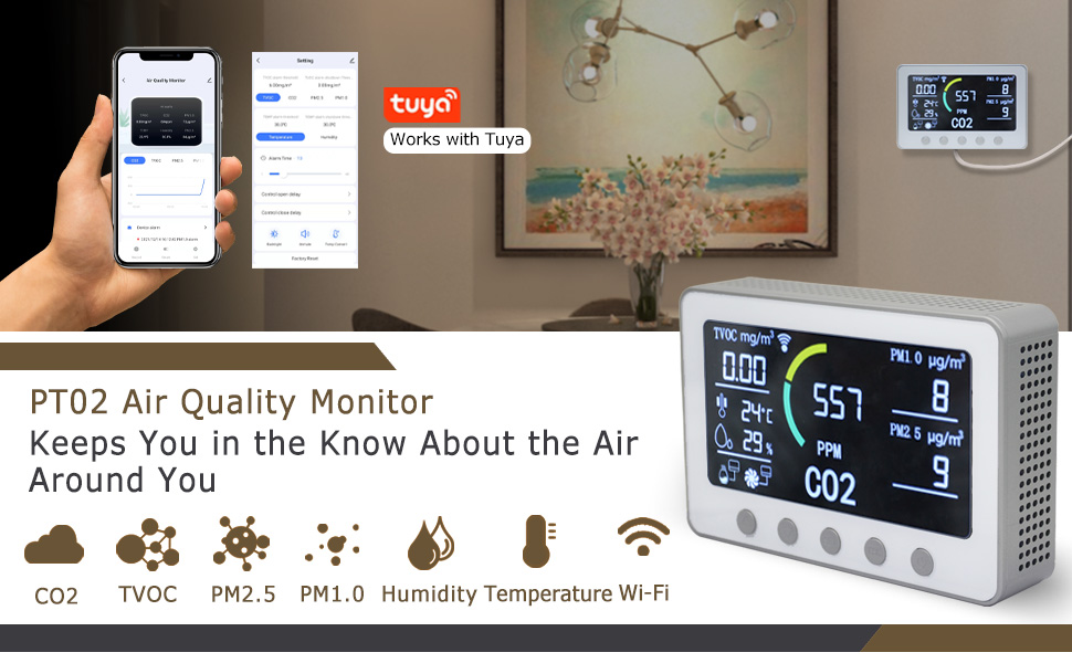 GZAIR PT02 Wi-Fi Smart Indoor Air Quality Monitor CO2 Meter PM2.5 Detector PM1.0 Meter TVOC Monitor - GZAIR