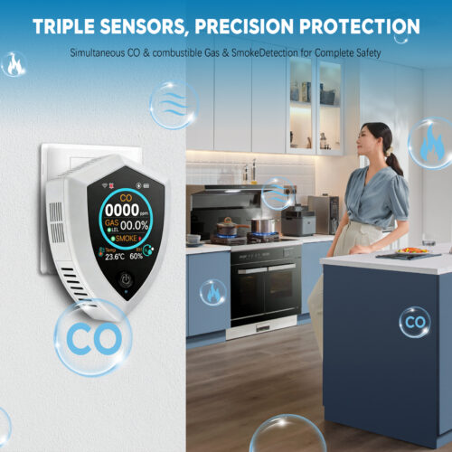 Gzair PT12 5-in-1 Plug-in Carbon Monoxide Detector - Gas Smoke Temperature Humidity Monitor with Battery Backup for Home Office RV